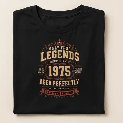 Vintage ornate T-shirt with gold and red text celebrating 1975 legends — printed on a women's shirt