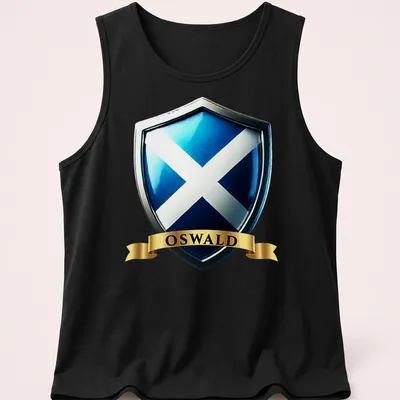 3D metallic print of OSWALD with Scottish heritage crest in blue, silver, and gold — printed on a tank top