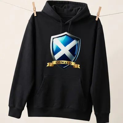 3D metallic print of OSWALD with Scottish heritage crest in blue, silver, and gold — printed on a unisex hoodie