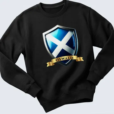 3D metallic print of OSWALD with Scottish heritage crest in blue, silver, and gold — printed on a unisex sweatshirt