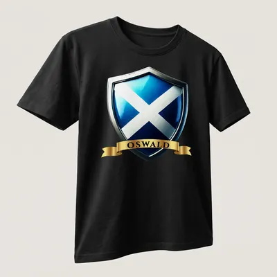 3D metallic print of OSWALD with Scottish heritage crest in blue, silver, and gold — printed on a unisex t-shirt (angled view)