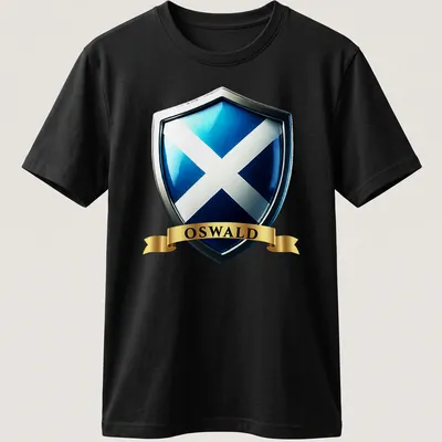3D metallic print of OSWALD with Scottish heritage crest in blue, silver, and gold — printed on a unisex t-shirt