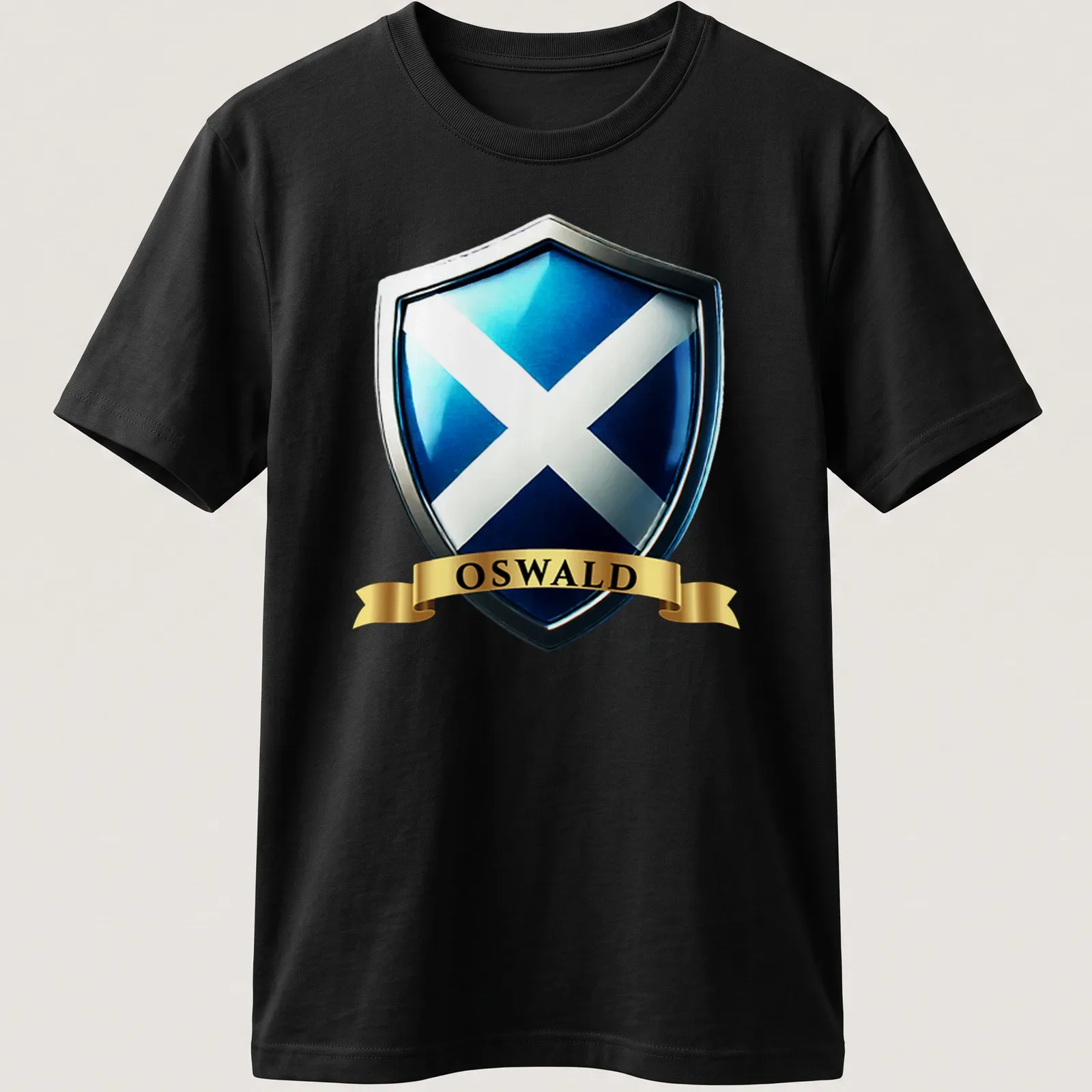 3D metallic print of OSWALD with Scottish heritage crest in blue, silver, and gold — printed on a unisex t-shirt