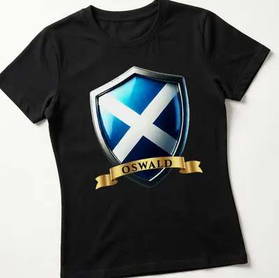 3D metallic print of OSWALD with Scottish heritage crest in blue, silver, and gold — printed on a women's shirt