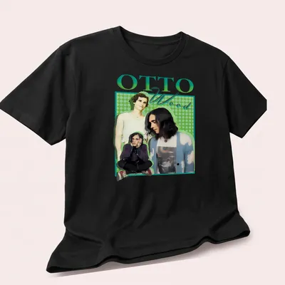 OTTO Wood character illustration in 90s style with vibrant colors — printed on a unisex t-shirt (angled view)