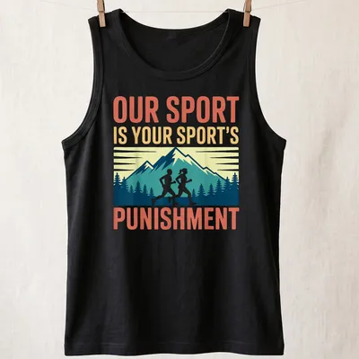 Vintage mountain landscape with runners and the text 'Our Sport Is Your Sport's Punishment' — printed on a tank top