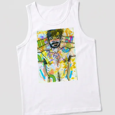 Colorful abstract male figure t-shirt featuring vibrant hues and playful style — printed on a tank top