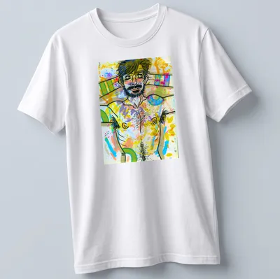 Colorful abstract male figure t-shirt featuring vibrant hues and playful style