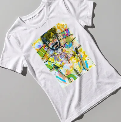 Colorful abstract male figure t-shirt featuring vibrant hues and playful style — printed on a women's shirt