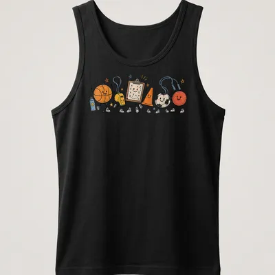 Playful doodle of sports equipment including basketball, whistle, and jump rope — printed on a tank top