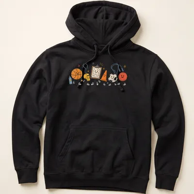Playful doodle of sports equipment including basketball, whistle, and jump rope — printed on a unisex hoodie