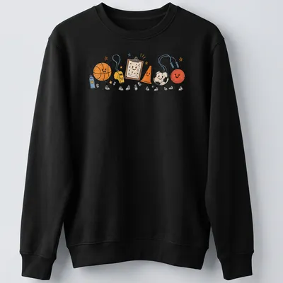 Playful doodle of sports equipment including basketball, whistle, and jump rope — printed on a unisex sweatshirt