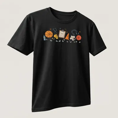 Playful doodle of sports equipment including basketball, whistle, and jump rope — printed on a unisex t-shirt (angled view)