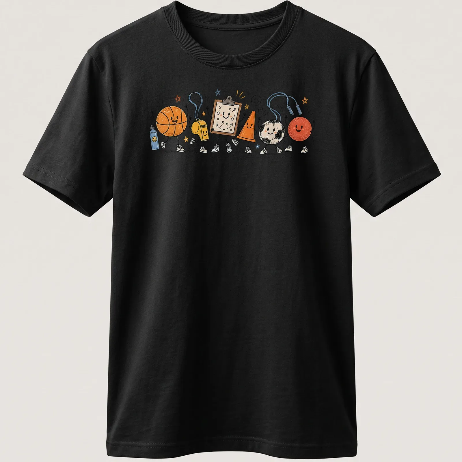Playful doodle of sports equipment including basketball, whistle, and jump rope — printed on a unisex t-shirt