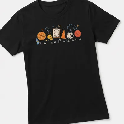 Playful doodle of sports equipment including basketball, whistle, and jump rope — printed on a women's shirt