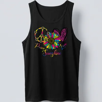 Colorful sunflower and peace sign graphic with the text Peace Love Sunshine — printed on a tank top