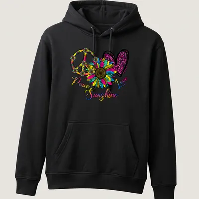 Colorful sunflower and peace sign graphic with the text Peace Love Sunshine — printed on a unisex hoodie