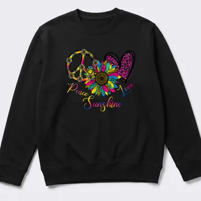 Colorful sunflower and peace sign graphic with the text Peace Love Sunshine — printed on a unisex sweatshirt