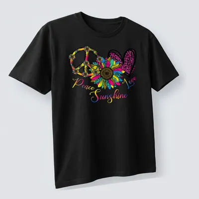 Colorful sunflower and peace sign graphic with the text Peace Love Sunshine — printed on a unisex t-shirt (angled view)