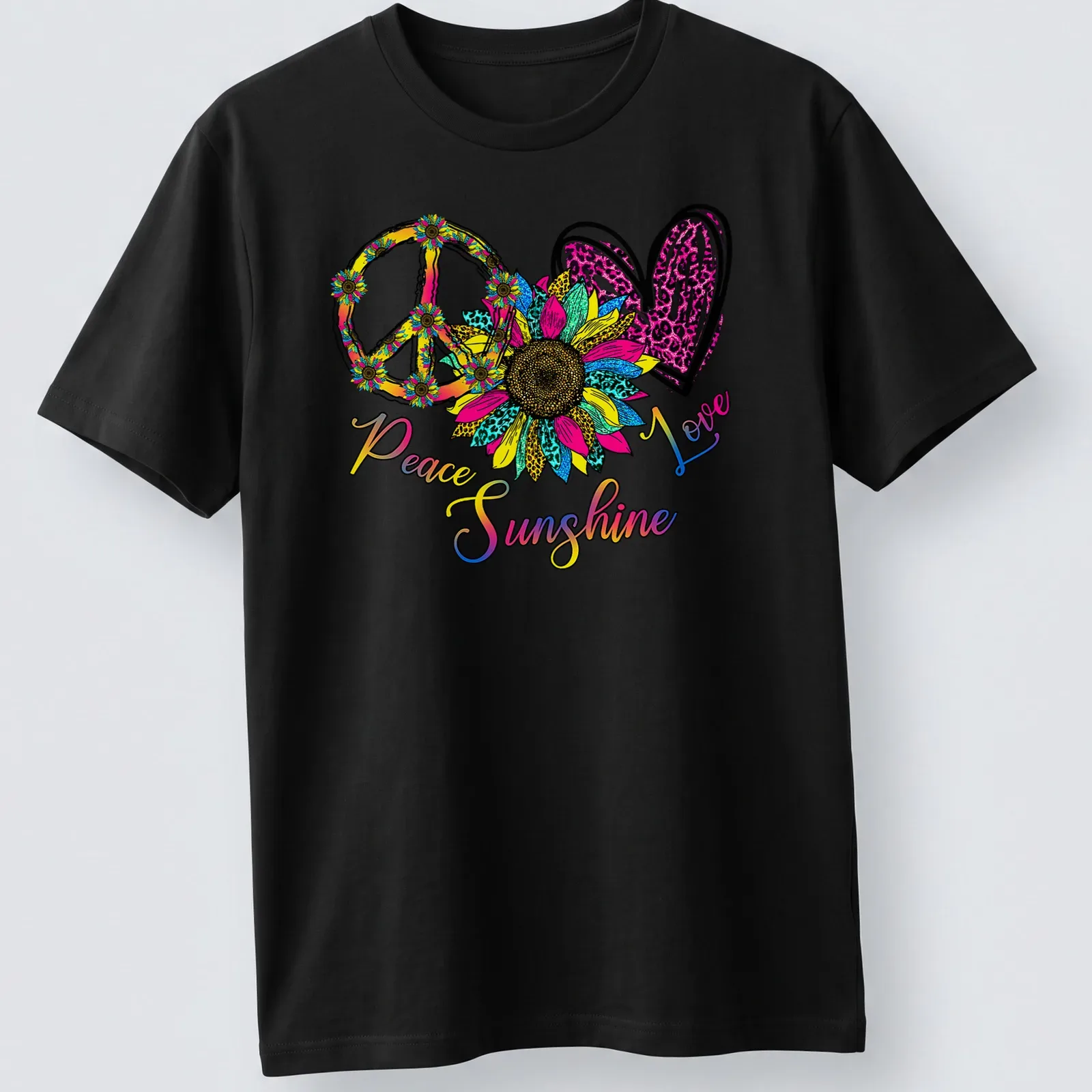 Colorful sunflower and peace sign graphic with the text Peace Love Sunshine — printed on a unisex t-shirt