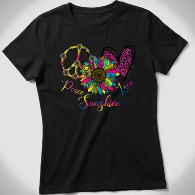 Colorful sunflower and peace sign graphic with the text Peace Love Sunshine — printed on a women's shirt