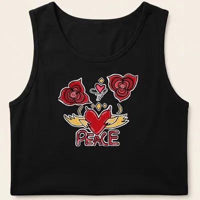 Colorful cartoon design featuring a heart with wings and roses, with the word PEACE. — printed on a tank top