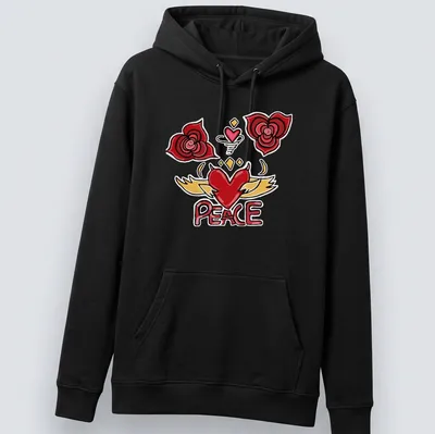 Colorful cartoon design featuring a heart with wings and roses, with the word PEACE. — printed on a unisex hoodie