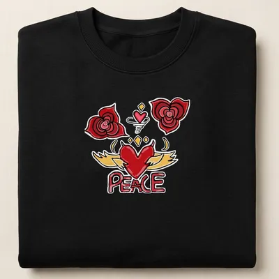 Colorful cartoon design featuring a heart with wings and roses, with the word PEACE. — printed on a unisex sweatshirt