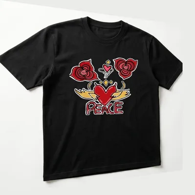Colorful cartoon design featuring a heart with wings and roses, with the word PEACE. — printed on a unisex t-shirt (angled view)
