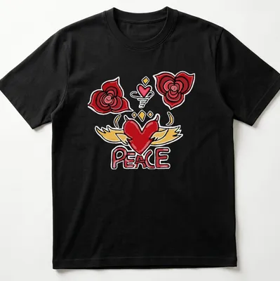 Colorful cartoon design featuring a heart with wings and roses, with the word PEACE.