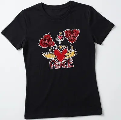 Colorful cartoon design featuring a heart with wings and roses, with the word PEACE. — printed on a women's shirt