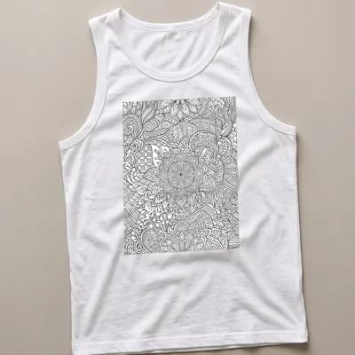 Black and white line art floral and geometric patterns on a decorative t-shirt. — printed on a tank top