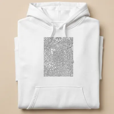 Black and white line art floral and geometric patterns on a decorative t-shirt. — printed on a unisex hoodie