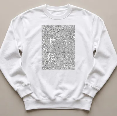 Black and white line art floral and geometric patterns on a decorative t-shirt. — printed on a unisex sweatshirt