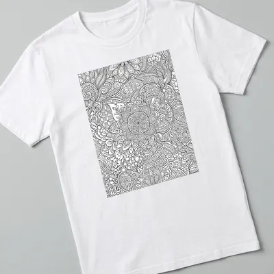 Black and white line art floral and geometric patterns on a decorative t-shirt. — printed on a unisex t-shirt