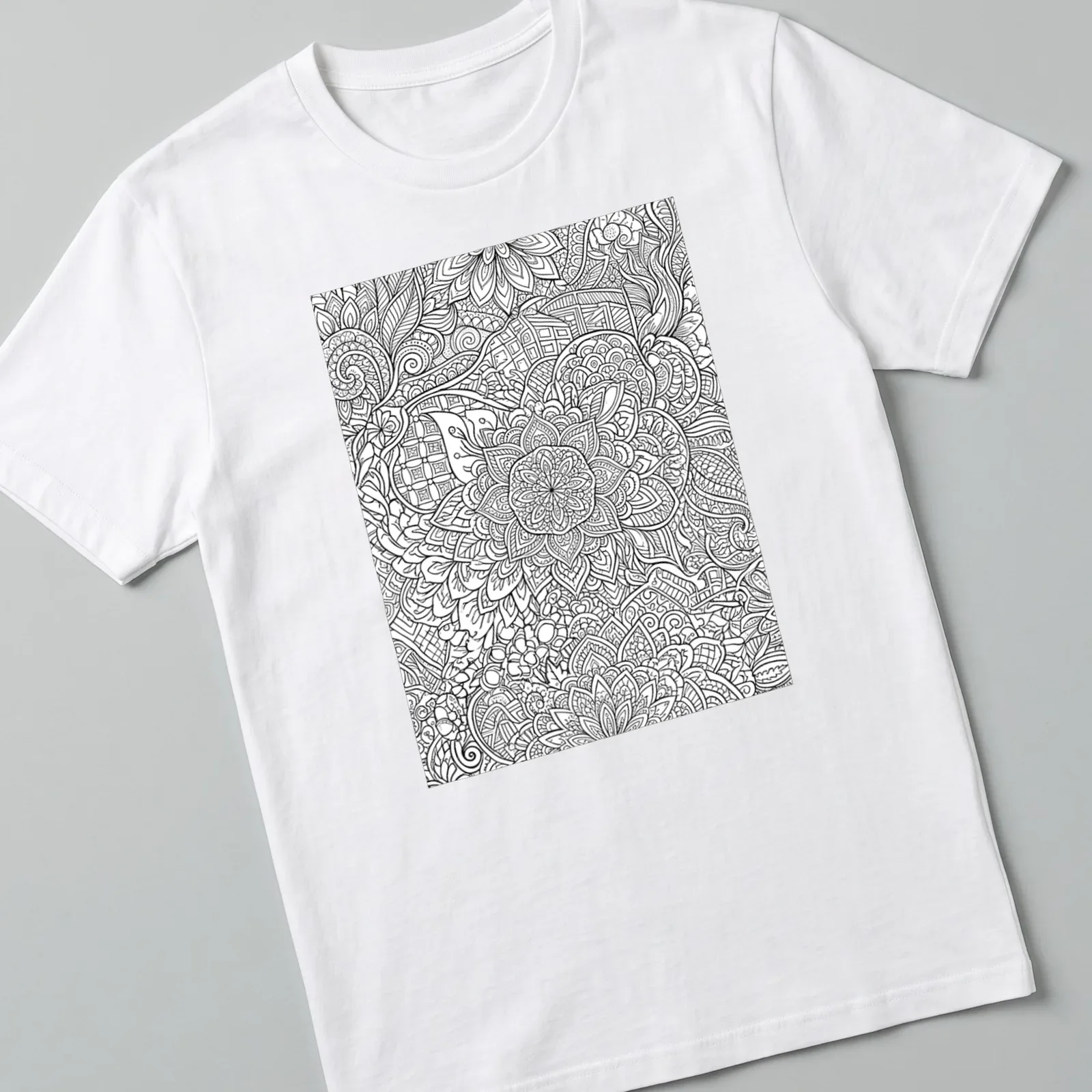 Black and white line art floral and geometric patterns on a decorative t-shirt. — printed on a unisex t-shirt