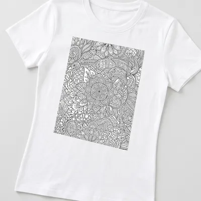 Black and white line art floral and geometric patterns on a decorative t-shirt. — printed on a women's shirt