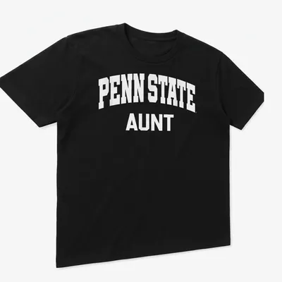 Bold collegiate Penn State Aunt T-shirt in white text — printed on a unisex t-shirt (angled view)
