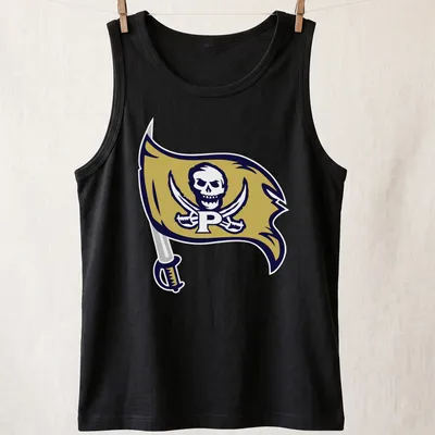 Bold graphic of a pirate flag featuring 'Perrin Pirates' text, skull, and swords — printed on a tank top