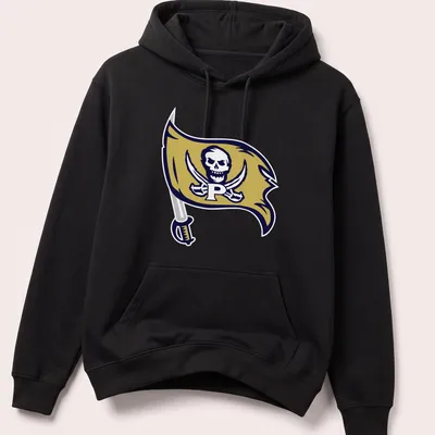 Bold graphic of a pirate flag featuring 'Perrin Pirates' text, skull, and swords — printed on a unisex hoodie
