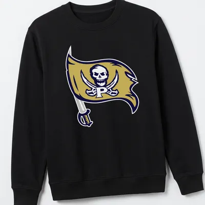 Bold graphic of a pirate flag featuring 'Perrin Pirates' text, skull, and swords — printed on a unisex sweatshirt