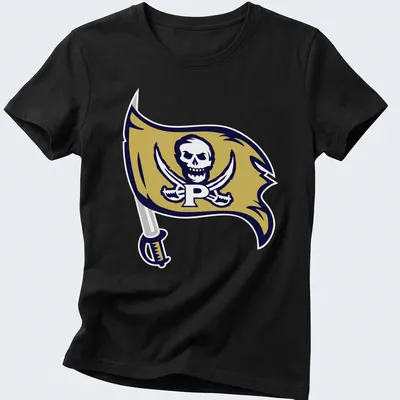 Bold graphic of a pirate flag featuring 'Perrin Pirates' text, skull, and swords — printed on a women's shirt