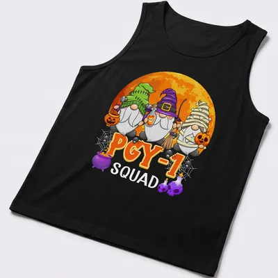 Cartoon Halloween gnomes with PGY-1 Squad text in colorful print — printed on a tank top