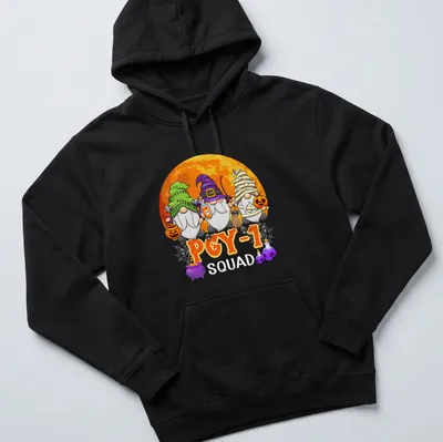 Cartoon Halloween gnomes with PGY-1 Squad text in colorful print — printed on a unisex hoodie