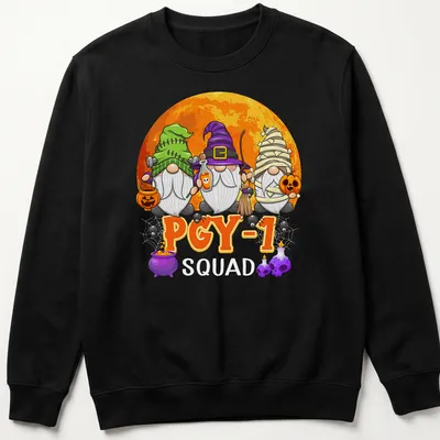 Cartoon Halloween gnomes with PGY-1 Squad text in colorful print — printed on a unisex sweatshirt