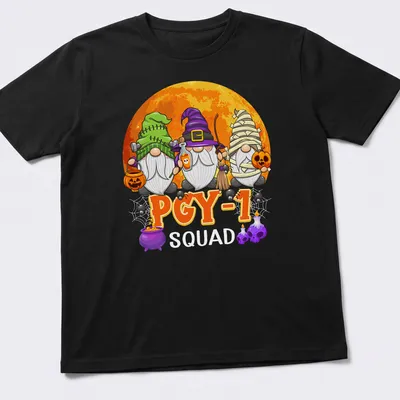 Cartoon Halloween gnomes with PGY-1 Squad text in colorful print — printed on a unisex t-shirt