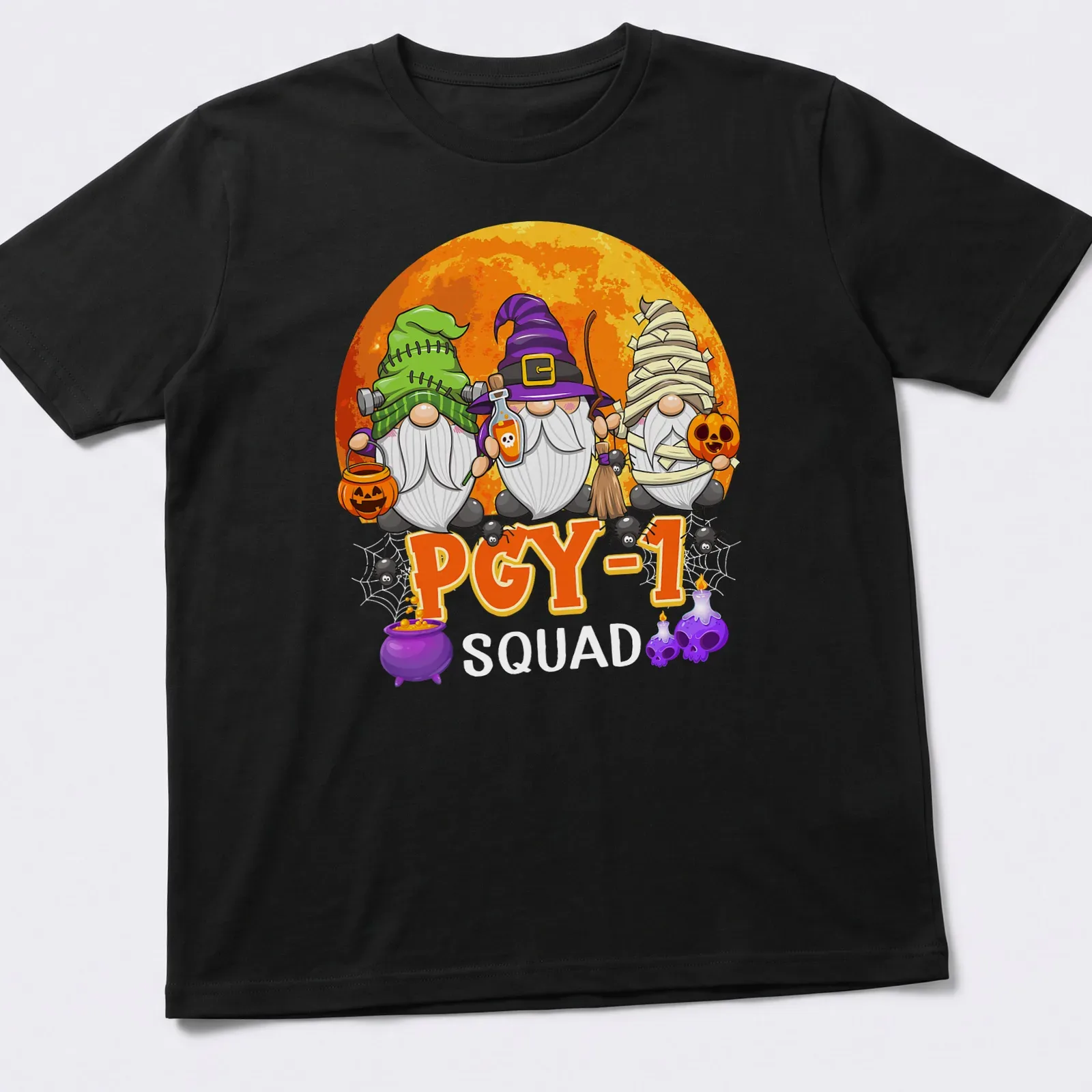 Cartoon Halloween gnomes with PGY-1 Squad text in colorful print — printed on a unisex t-shirt