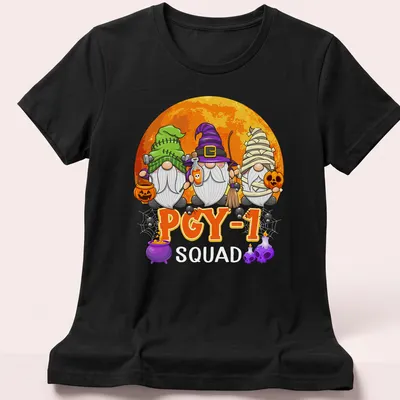 Cartoon Halloween gnomes with PGY-1 Squad text in colorful print — printed on a women's shirt