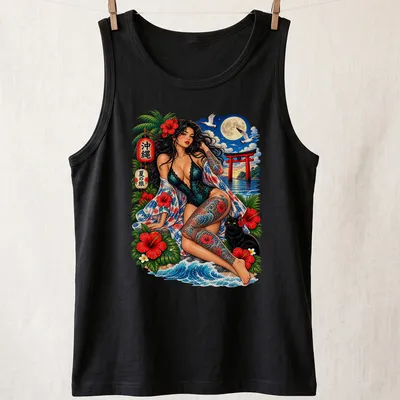 Vibrant tropical print featuring a pin-up girl and black cat with bold lettering — printed on a tank top