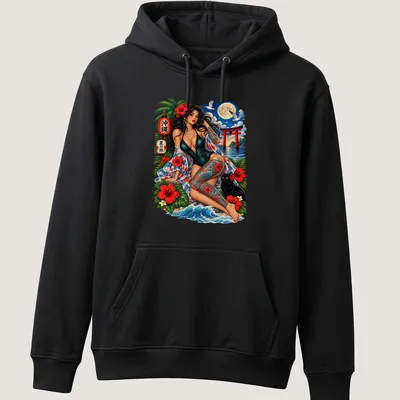 Vibrant tropical print featuring a pin-up girl and black cat with bold lettering — printed on a unisex hoodie